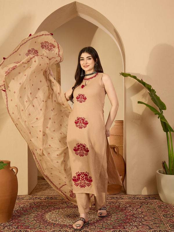Kimayra Cotton Calf Length Printed Sleeveless Round Neck Straight Kurta Suit Set