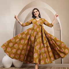 Kimayra Cotton Calf Length Printed 3/4 Sleeve V-Neck Flared Kurta