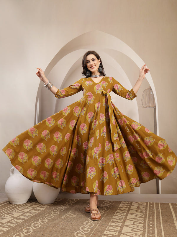 Kimayra Cotton Calf Length Printed 3/4 Sleeve V-Neck Flared Kurta