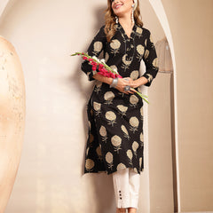 Kimayra Cotton Calf Length Printed 3/4 Sleeve V-Neck Straight Kurta