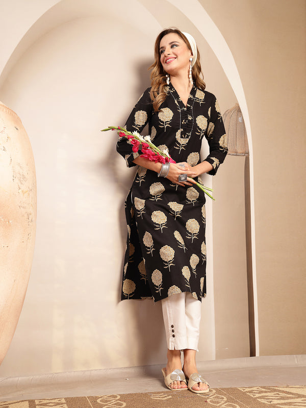 Kimayra Cotton Calf Length Printed 3/4 Sleeve V-Neck Straight Kurta