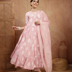 Kimayra Cotton Calf Length Printed 3/4 Sleeve Round Neck Flared Kurta Suit Set