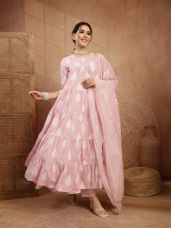 Kimayra Cotton Calf Length Printed 3/4 Sleeve Round Neck Flared Kurta Suit Set