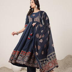 Kimayra Cotton Calf Length Printed 3/4 Sleeve Round Neck Flared Kurta Suit Set