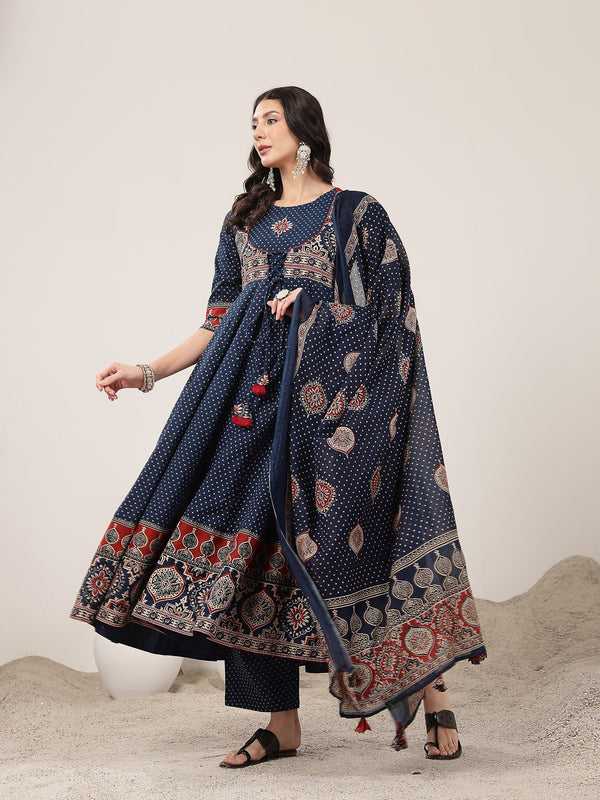 Kimayra Cotton Calf Length Printed 3/4 Sleeve Round Neck Flared Kurta Suit Set