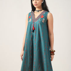 Kimayra Cotton Mid Length Printed Sleeveless V-Neck Flared Dress