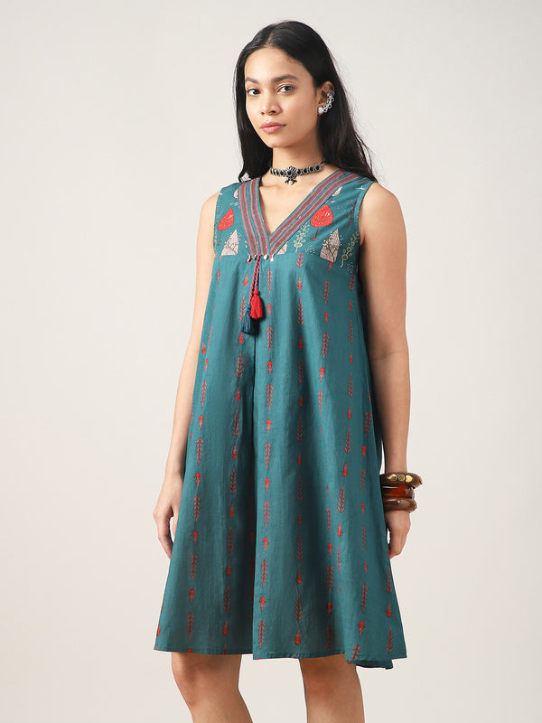 Kimayra Cotton Mid Length Printed Sleeveless V-Neck Flared Dress