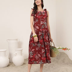 Kimayra Cotton Calf Length Printed Sleeveless Round Neck Flared Dress