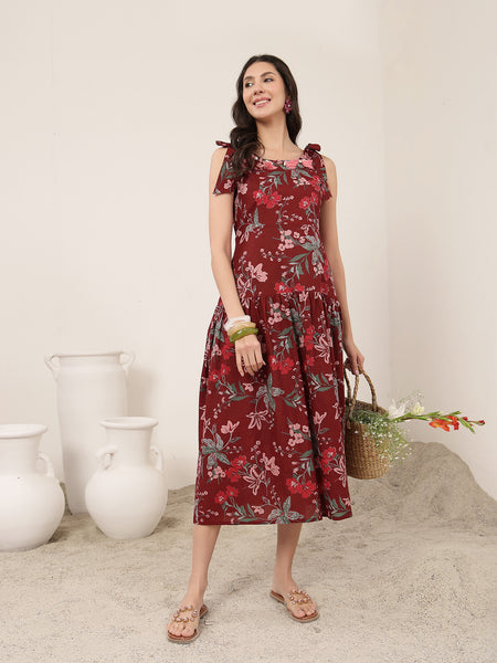 Kimayra Cotton Calf Length Printed Sleeveless Round Neck Flared Dress
