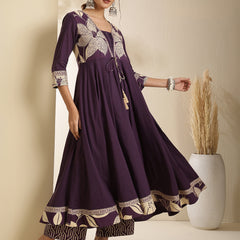 Kimayra Cotton Calf Length Printed 3/4 Sleeve V-Neck Anarkali Kurta Suit Set