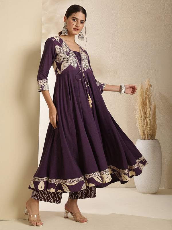Kimayra Cotton Calf Length Printed 3/4 Sleeve V-Neck Anarkali Kurta Suit Set