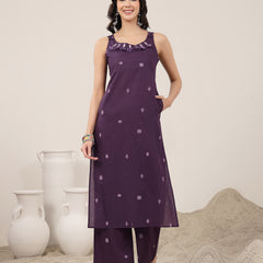 Kimayra Cotton Calf Length Solid Sleeveless Round Neck Straight Kurta Suit Set