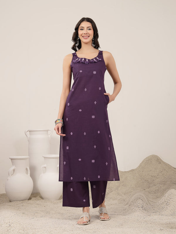 Kimayra Cotton Calf Length Solid Sleeveless Round Neck Straight Kurta Suit Set