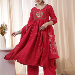 Kimayra Rayon Calf Length Printed 3/4 Sleeves Round Neck Flared Kurta Suit Set