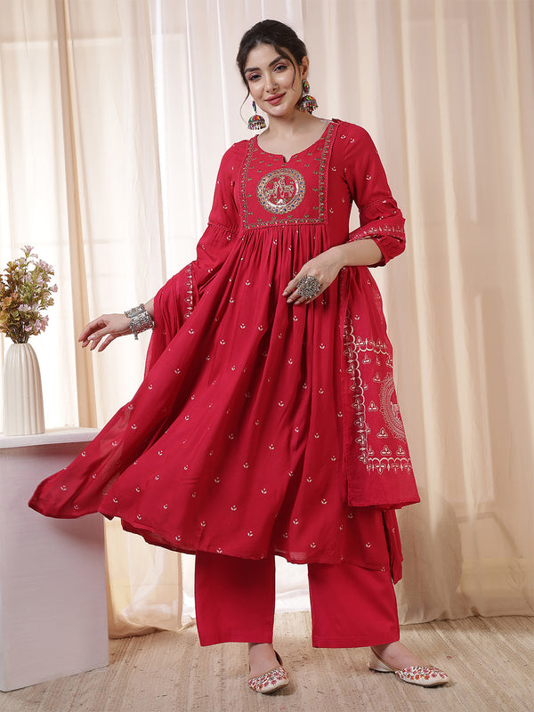 Kimayra Rayon Calf Length Printed 3/4 Sleeves Round Neck Flared Kurta Suit Set