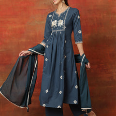 Kimayra Rayon Calf Length Printed 3/4 Sleeves Round Neck Semi-Flared Kurta Suit Set