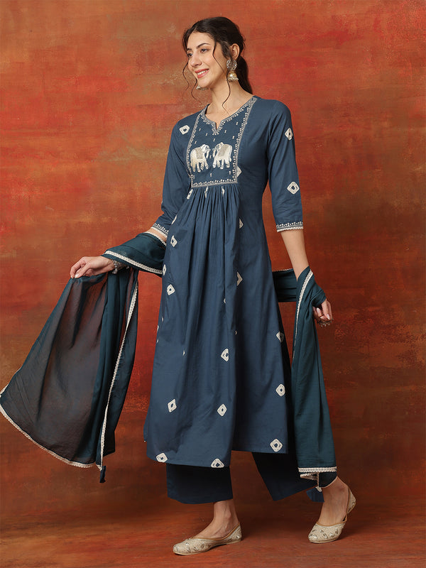 Kimayra Rayon Calf Length Printed 3/4 Sleeves Round Neck Semi-Flared Kurta Suit Set