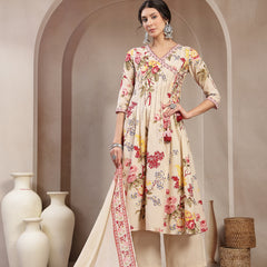 Kimayra Cotton Calf Length Printed 3/4 Sleeve V-Neck Flared Kurta Suit Set