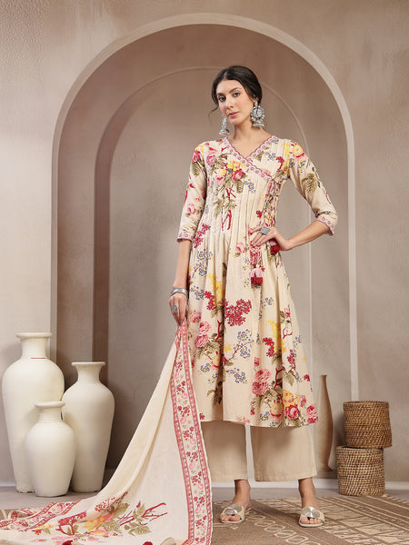 Kimayra Cotton Calf Length Printed 3/4 Sleeve V-Neck Flared Kurta Suit Set