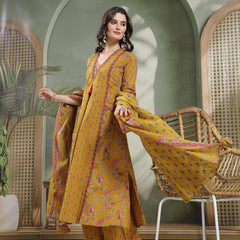 Kimayra Cotton Calf Length Printed 3/4 Sleeve V-Neck Flared Kurta Suit Set