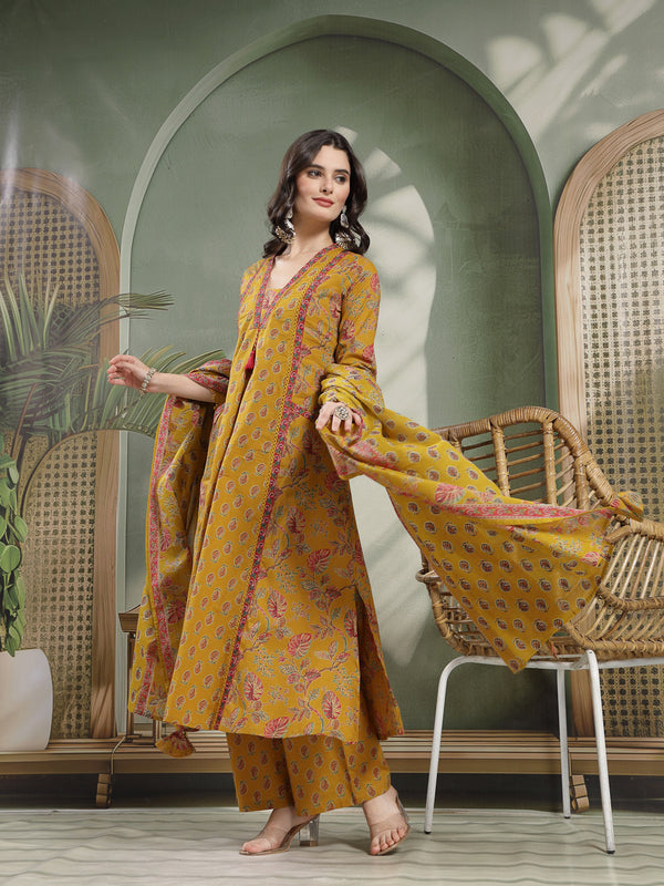 Kimayra Cotton Calf Length Printed 3/4 Sleeve V-Neck Flared Kurta Suit Set