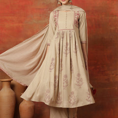 Kimayra Rayon Calf Length Printed 3/4 Sleeves Round Neck Semi-Flared Kurta Suit Set