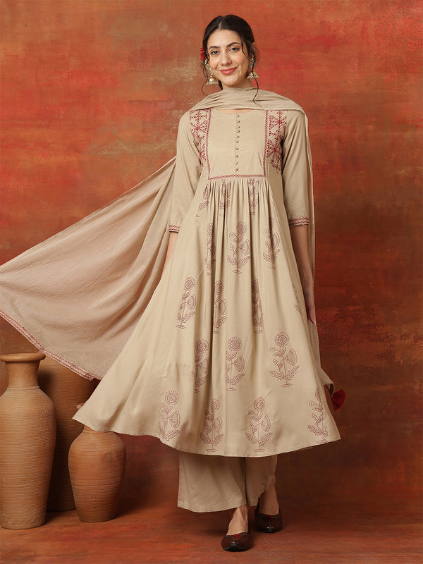Kimayra Rayon Calf Length Printed 3/4 Sleeves Round Neck Semi-Flared Kurta Suit Set