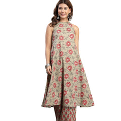 Kimayra Cotton Calf Length Printed Sleeveless Round Neck Flared Kurta Suit Set
