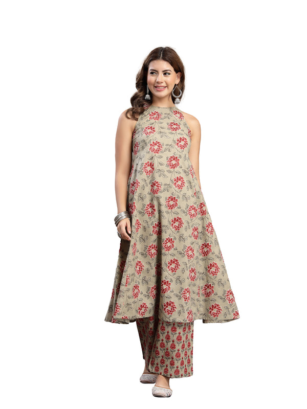 Kimayra Cotton Calf Length Printed Sleeveless Round Neck Flared Kurta Suit Set