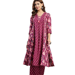 Kimayra Cotton Calf Length Printed 3/4 Sleeve V-Neck Flared Kurta Suit Set