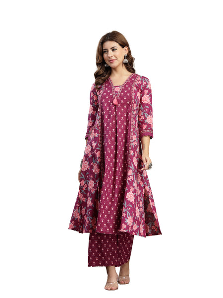 Kimayra Cotton Calf Length Printed 3/4 Sleeve V-Neck Flared Kurta Suit Set