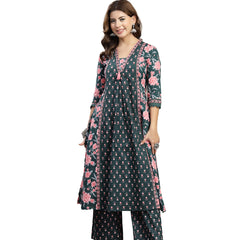 Kimayra Cotton Calf Length Printed 3/4 Sleeve V-Neck Flared Kurta Suit Set