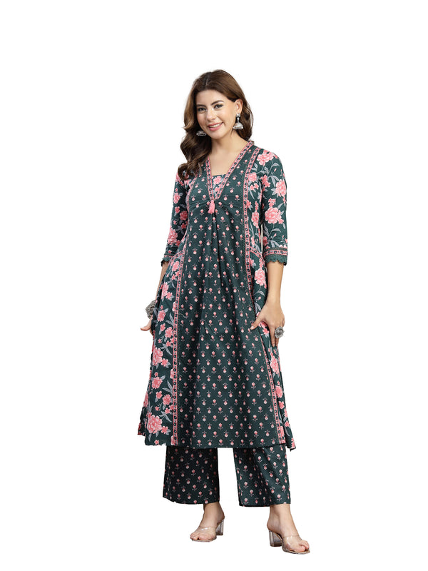 Kimayra Cotton Calf Length Printed 3/4 Sleeve V-Neck Flared Kurta Suit Set