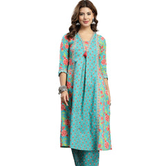 Kimayra Cotton Calf Length Printed 3/4 Sleeve V-Neck Flared Kurta Suit Set