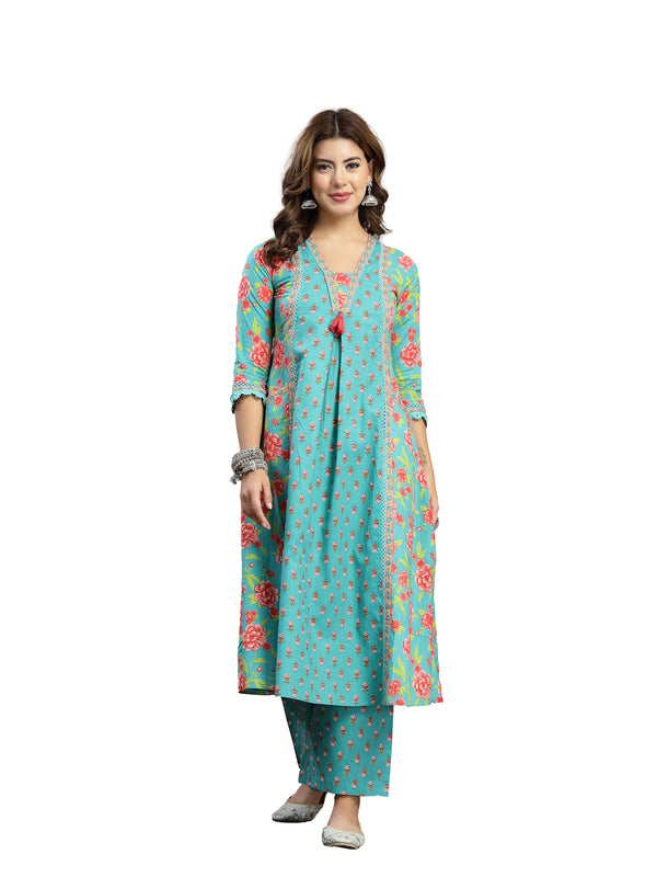 Kimayra Cotton Calf Length Printed 3/4 Sleeve V-Neck Flared Kurta Suit Set