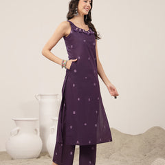 Kimayra Cotton Calf Length Solid Sleeveless Round Neck Straight Kurta Suit Set