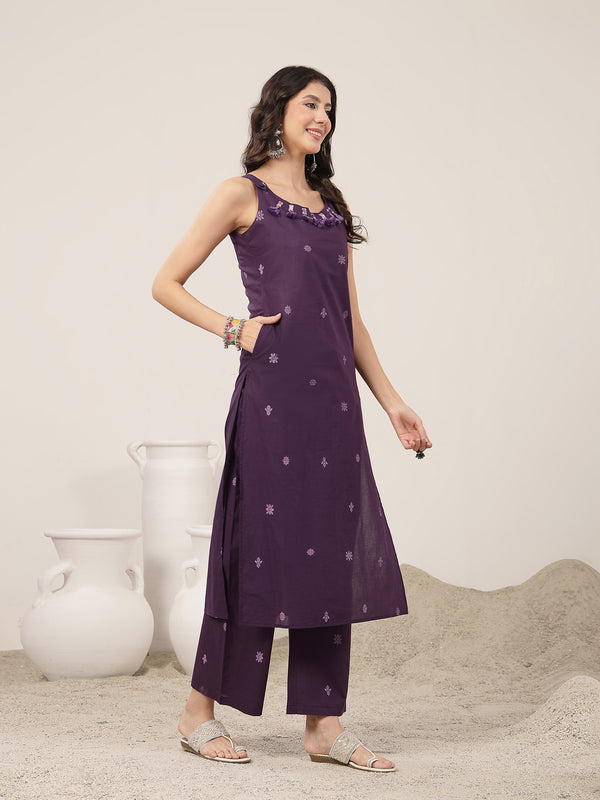 Kimayra Cotton Calf Length Solid Sleeveless Round Neck Straight Kurta Suit Set