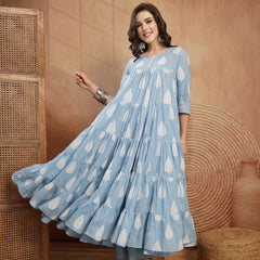 Kimayra Cotton Calf Length Printed 3/4 Sleeve Round Neck Flared Kurta Suit Set