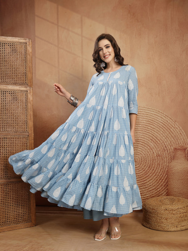 Kimayra Cotton Calf Length Printed 3/4 Sleeve Round Neck Flared Kurta Suit Set