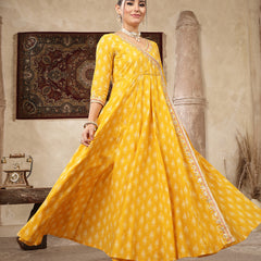 Kimayra Cotton Calf Length Printed 3/4 Sleeve V-Neck Flared Kurta Suit Set