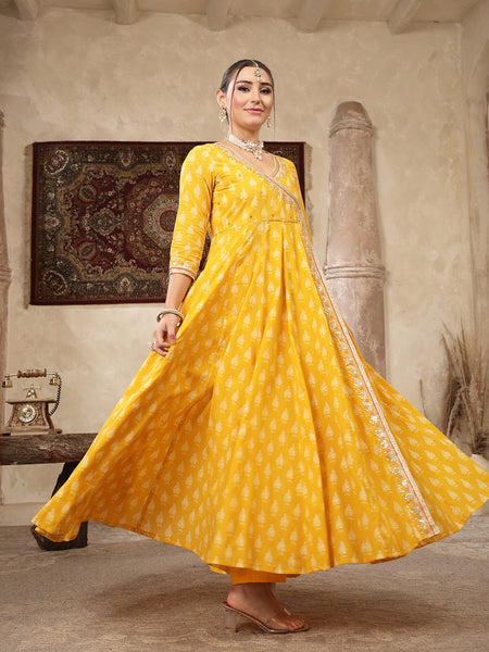 Kimayra Cotton Calf Length Printed 3/4 Sleeve V-Neck Flared Kurta Suit Set