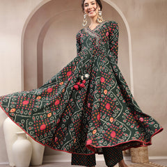 Kimayra Cotton Calf Length Printed 3/4 Sleeve Angrakha Flared Kurta Suit Set