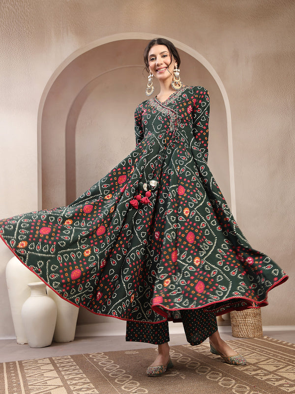 Kimayra Cotton Calf Length Printed 3/4 Sleeve Angrakha Flared Kurta Suit Set