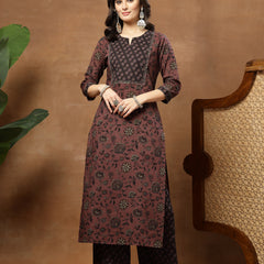 Kimayra Cotton Calf Length Printed 3/4 Sleeve Round Neck Straight Kurta Suit Set