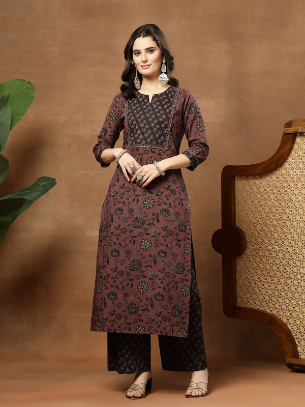 Kimayra Cotton Calf Length Printed 3/4 Sleeve Round Neck Straight Kurta Suit Set
