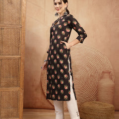 Kimayra Rayon Calf Length Printed 3/4 Sleeve Key Hole Neck Straight Kurta