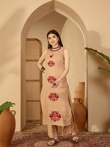 Kimayra Cotton Calf Length Printed Sleeveless Round Neck Straight Kurta Suit Set