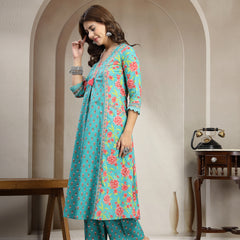 Kimayra Cotton Calf Length Printed 3/4 Sleeve V-Neck Flared Kurta Suit Set
