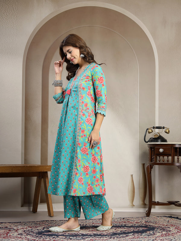 Kimayra Cotton Calf Length Printed 3/4 Sleeve V-Neck Flared Kurta Suit Set