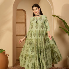 Kimayra Cotton Calf Length Printed 3/4 Sleeve Key Hole Neck Anarkali Kurta Suit Set